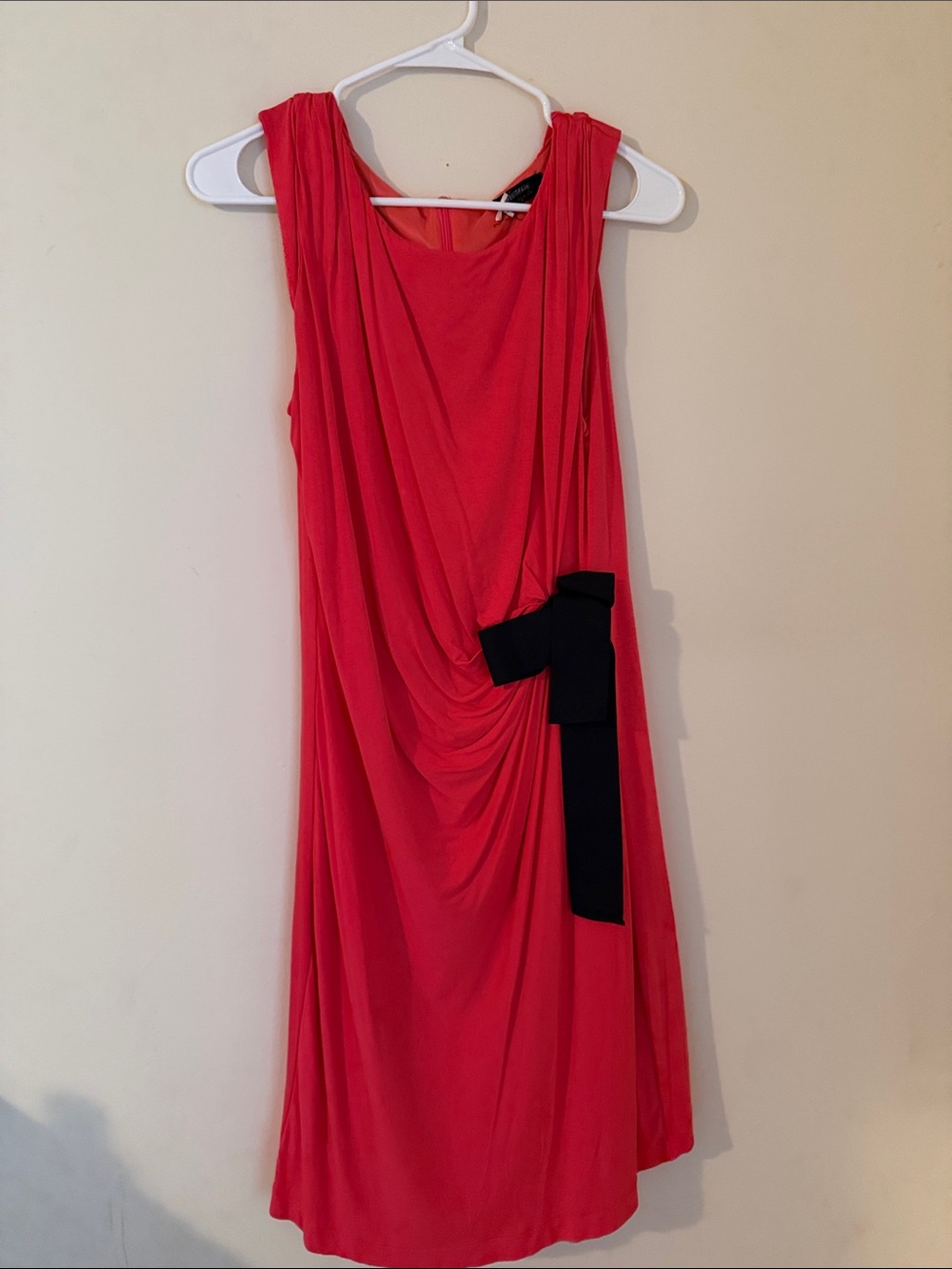 Red Draped Sleeveless Dress with Black Bow